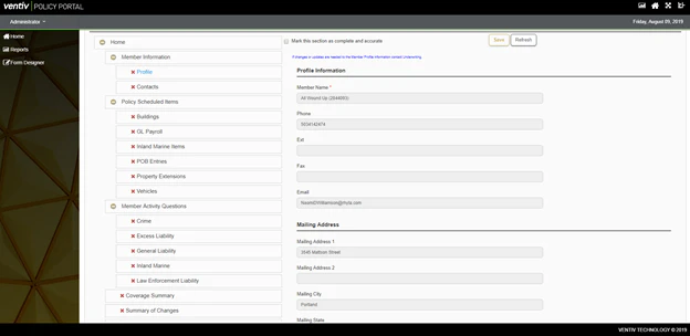 screenshot of Ventiv Policy